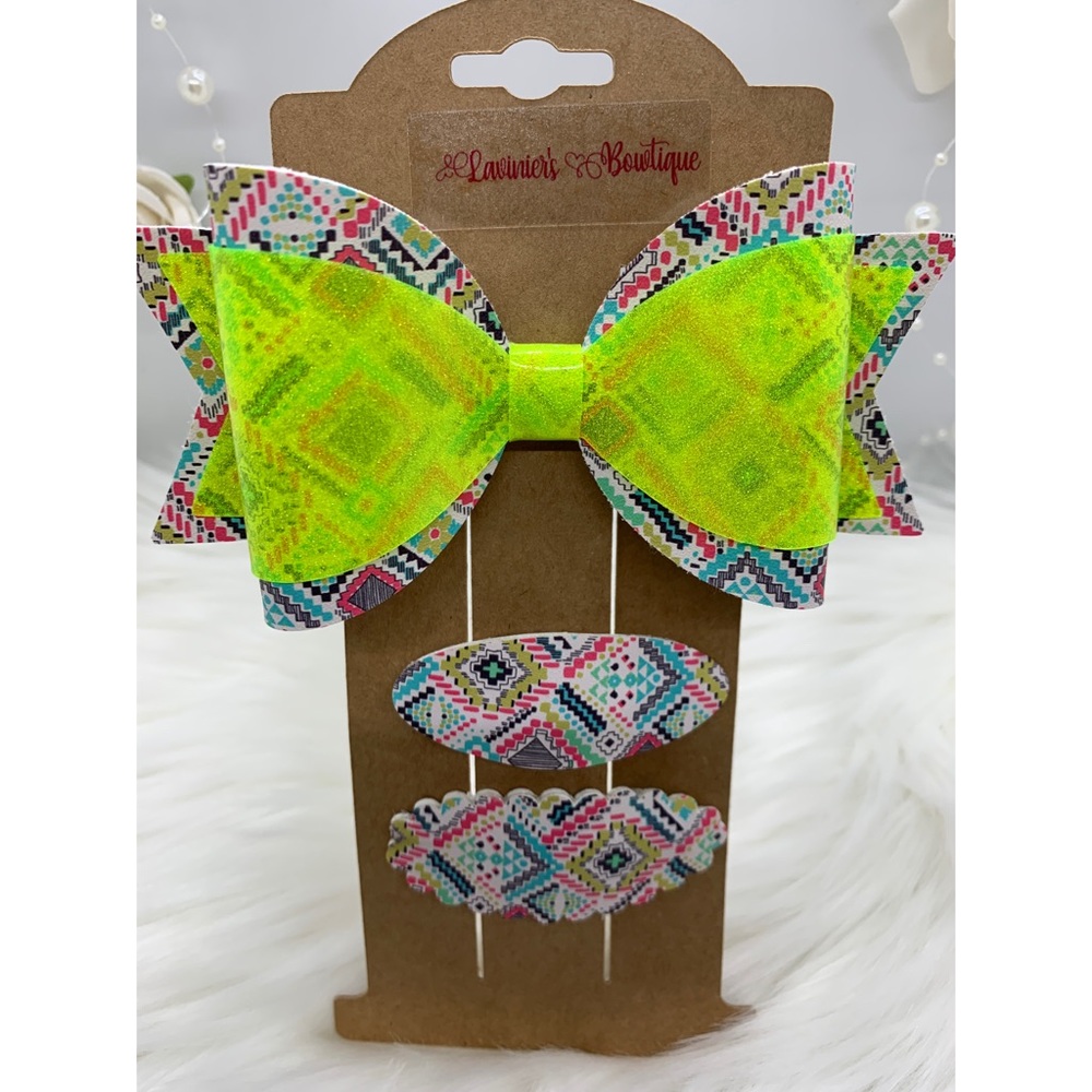 Colorful vegan print / green glitter jelly bow